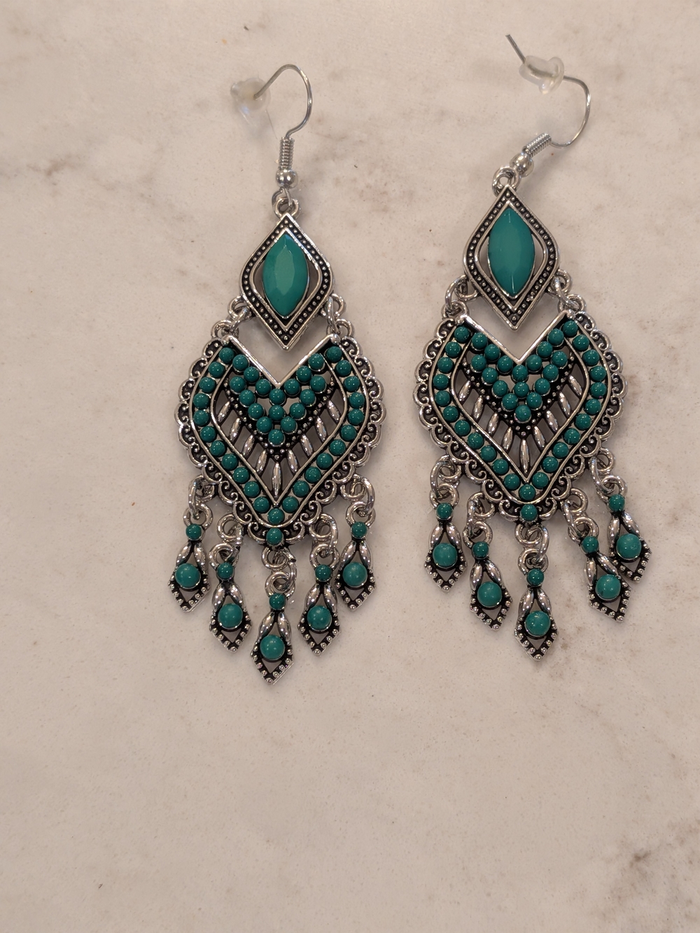 Boho Teardrop Dangle Earrings - Turquoise Silver Tone